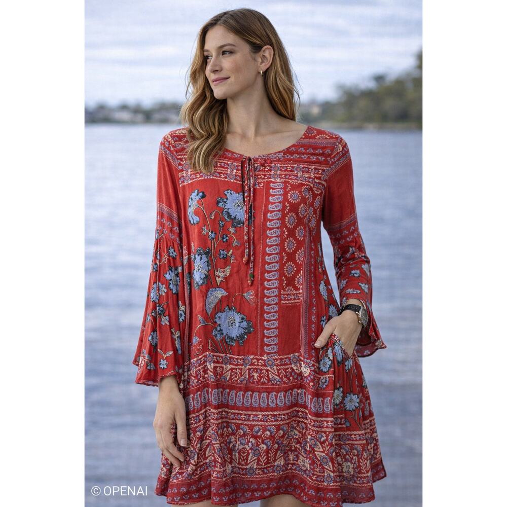 Vanessa Virginia‎ Silk Boho Dress Red Floral Print Tie Neck Bell Sleeve Size 8